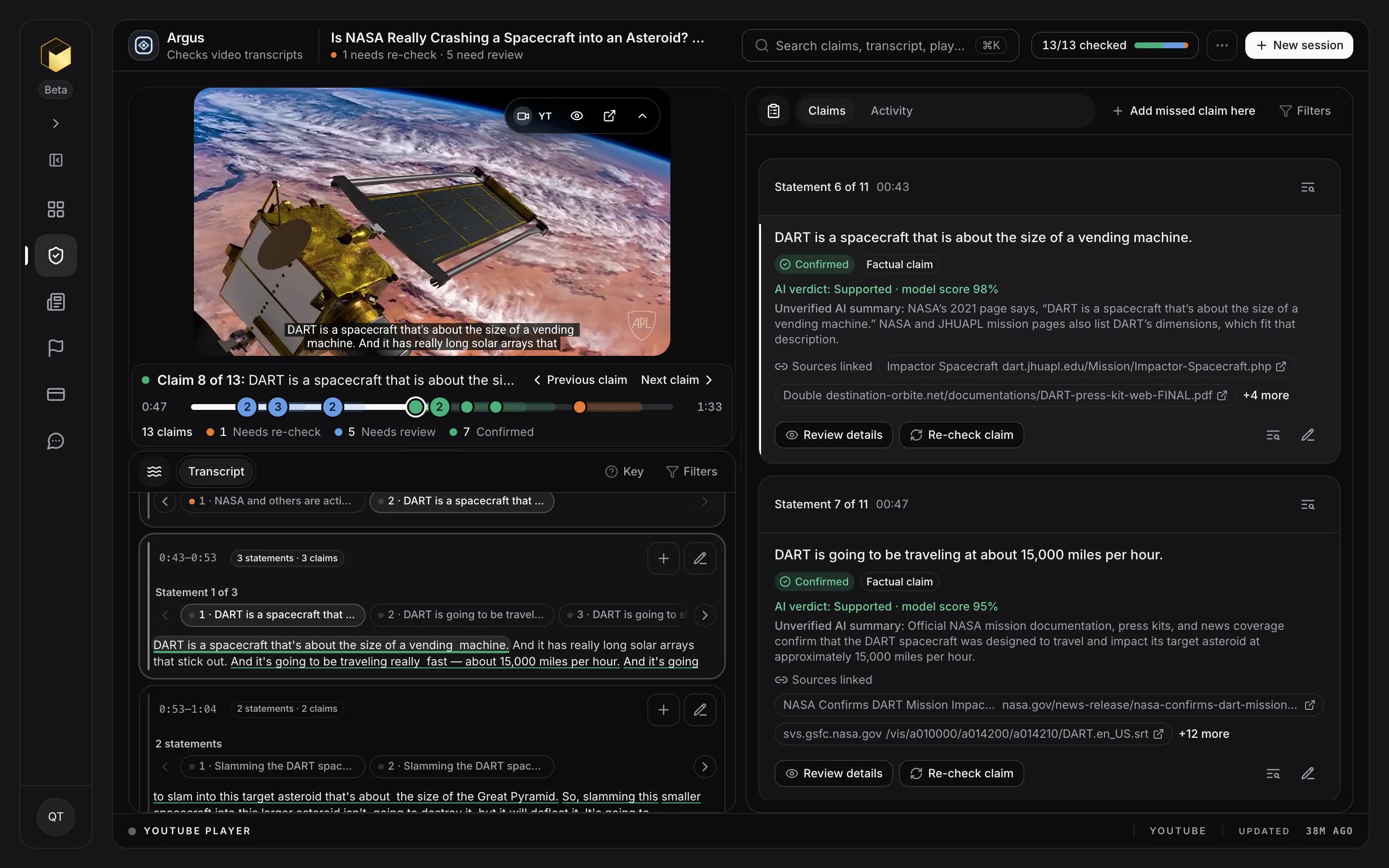 Pikaan’s review of the NASA video: the video with its captions above a timeline that counts 13 claims, 7 Confirmed, 5 Needs review and 1 Needs re-check; the transcript with each statement underlined; and the claims list, where “DART is a spacecraft that is about the size of a vending machine.” and the claim after it read Confirmed, each with its type, AI verdict and sources.