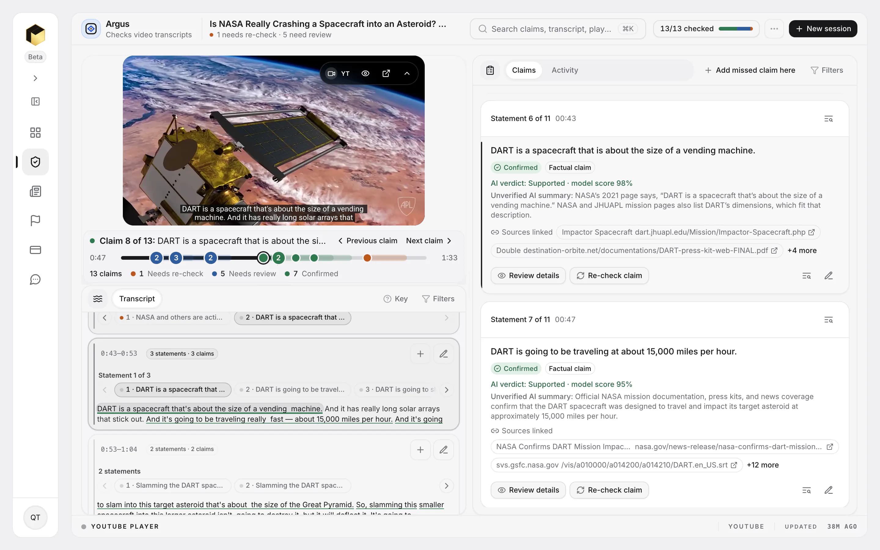 Pikaan’s review of the NASA video: the video with its captions above a timeline that counts 13 claims, 7 Confirmed, 5 Needs review and 1 Needs re-check; the transcript with each statement underlined; and the claims list, where “DART is a spacecraft that is about the size of a vending machine.” and the claim after it read Confirmed, each with its type, AI verdict and sources.