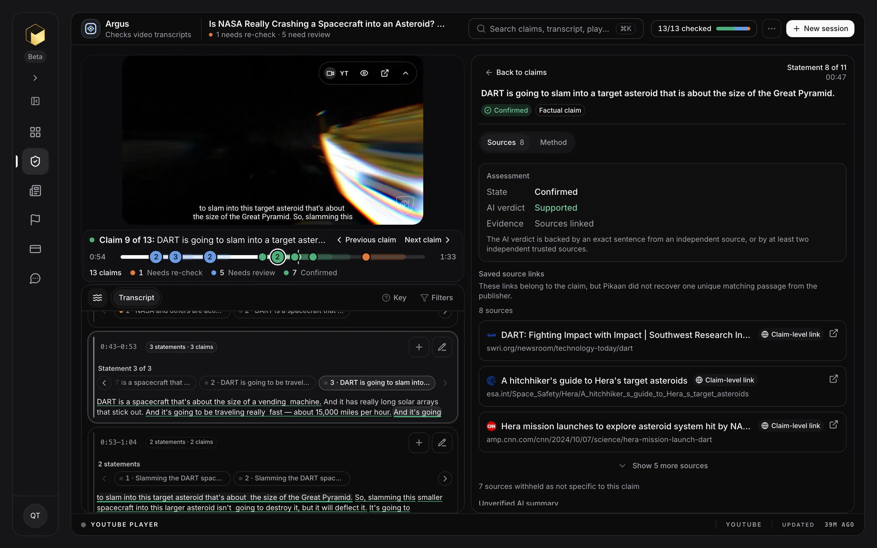 A claim open in Pikaan, “DART is going to slam into a target asteroid that is about the size of the Great Pyramid.”: state Confirmed, AI verdict Supported, evidence Sources linked, with its sources from the Southwest Research Institute, ESA and CNN.