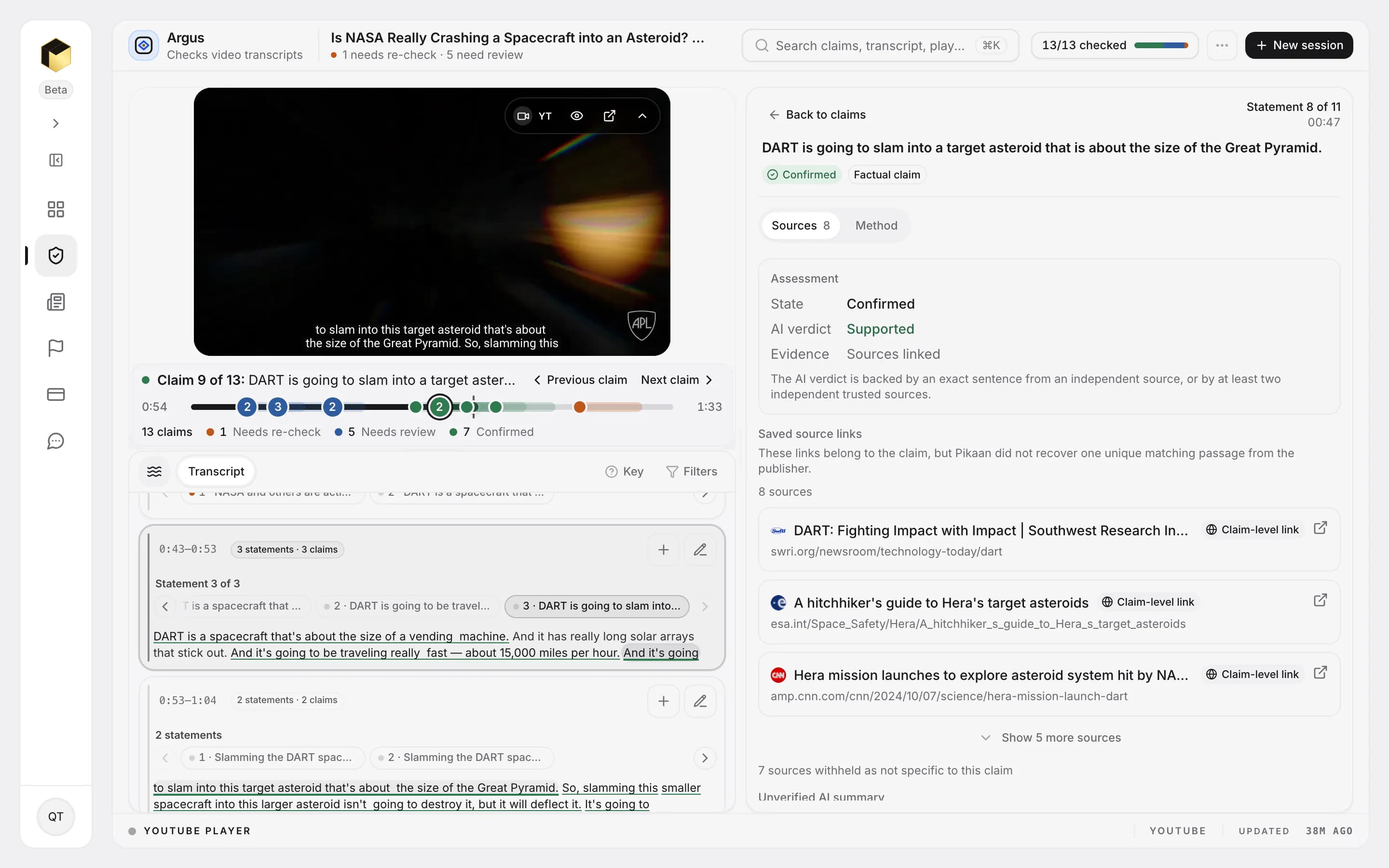 A claim open in Pikaan, “DART is going to slam into a target asteroid that is about the size of the Great Pyramid.”: state Confirmed, AI verdict Supported, evidence Sources linked, with its sources from the Southwest Research Institute, ESA and CNN.